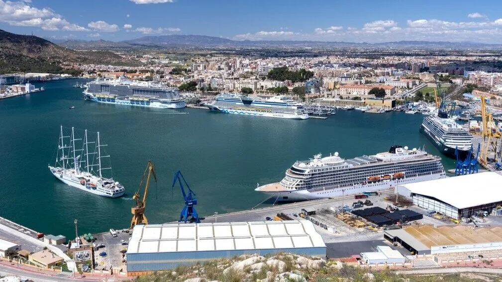 Panoramic view of Cartagena harbour with cruise ships and sailboats
